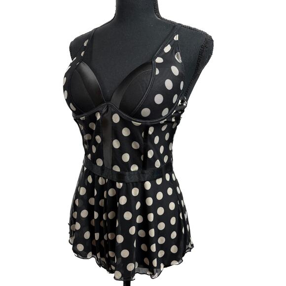 FREDERICKS OF HOLLYWOOD Natalia XL Polka Dot Babydoll Teddy Stretchy Mesh Pin-Up - Picture 1 of 11